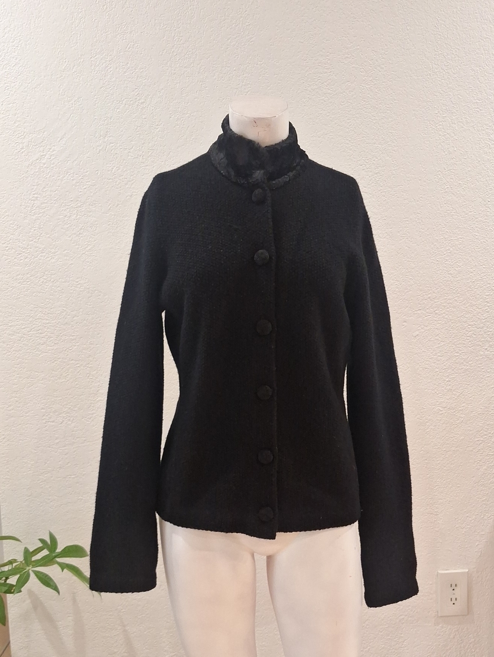 Classic Y2k Lauren Ralph Lauren Black Button-Front Cardigan with FauxFurTrim SzL